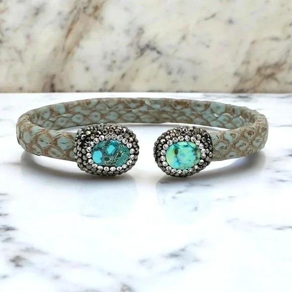 🆕Handcrafted Turkish Artisan Python Leather Cuff Bracelet Turquoise Crystals - Picture 1 of 14